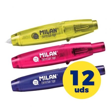 MILAN Corrector de Cinta 5 mm x 6 m con Pulsador Acid Surtido (Pack de 12) Manera de Escritura